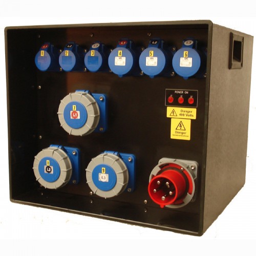 Event Power Distro Box 63A 3pH+N+E 400V 3 x 32 + 3 x 63A 1pH+N+E MCB + RCBO's