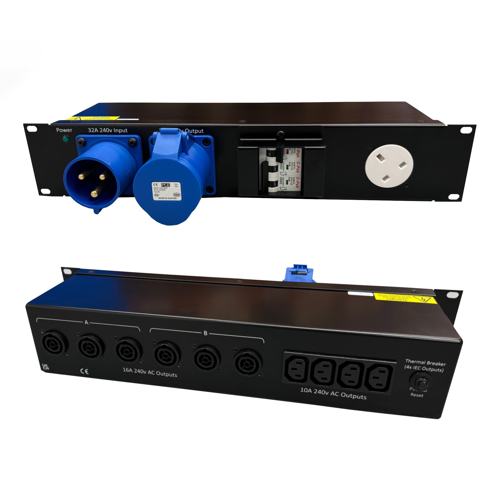 32A 1pH+N+E 230V 2U 19 Inch Rack Power Distro with 6 x PowerCON True 1 NAC3FPX 1 x 13A on front
