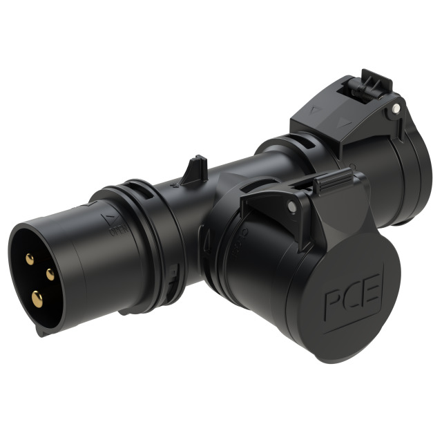 PCE Midnight Series T-Connect 2-Way Connector 16A 2P+E 230V Plug IP44 94325003