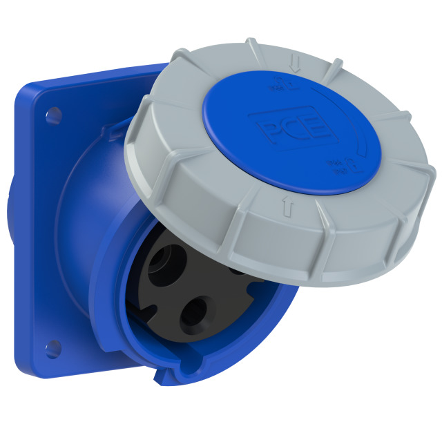 PCE Angled Panel Mount Socket 63A 230V 2P+E IP67 4335-6