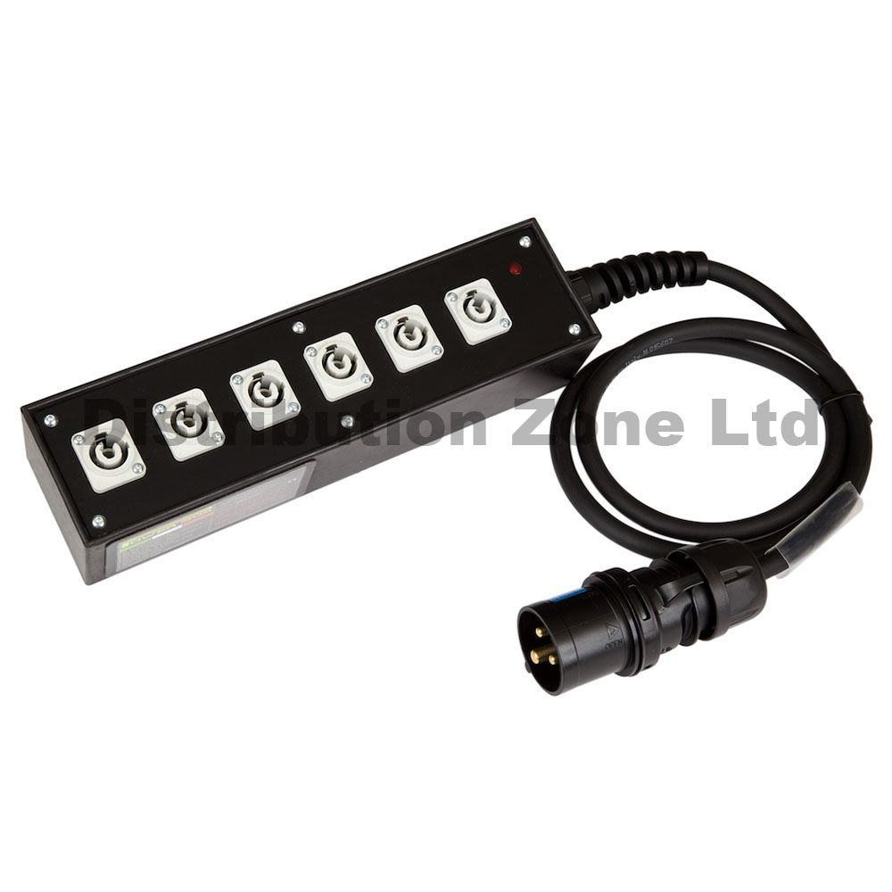 PowerBOX Rubber PowerCON Splitter 16A 1pH+N+E 230V Plug to 6 x PowerCON Grey