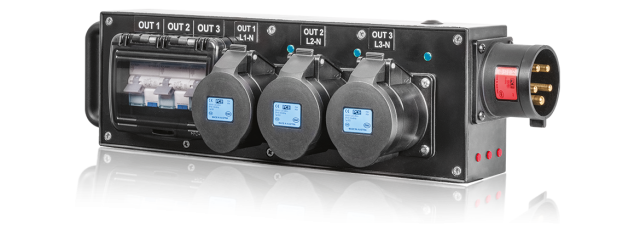 PowerBOX Rubber 32Amp 3pH+N+E 400V Brick PCE Midnight Series to 3 x 32A 1pH+N+E 3 x RCBO's Type A