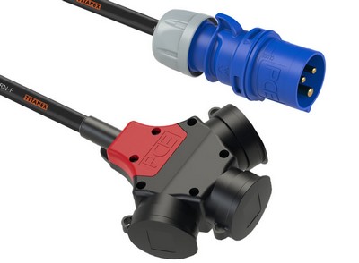 PCE 16A 2P+E CEE Plug with 5 Metre H07RN-F Cable 2.5mm² to PCE 3-Way Schuko Safety Socket IP54