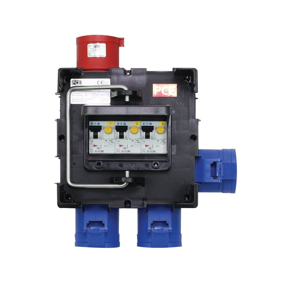 PCE IMST Distro Box 32A 3pH+N+E  400V to 3 x 32A 230V 1pH+N+E IP44 3 x RCBO's 9030657