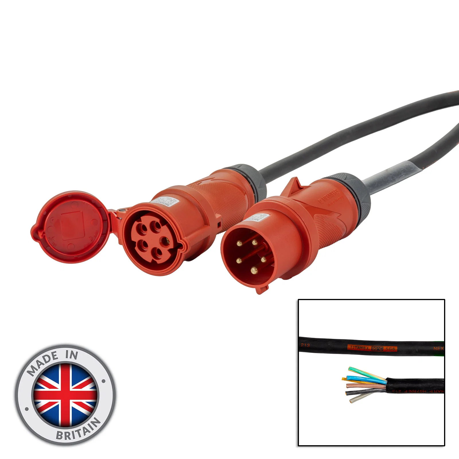 25 Metre H07RN-F 6mm² Rubber Cable with 32A 3P+N+E 400V  Mennekes Plug & Connector  IP44 Nexans Lineax