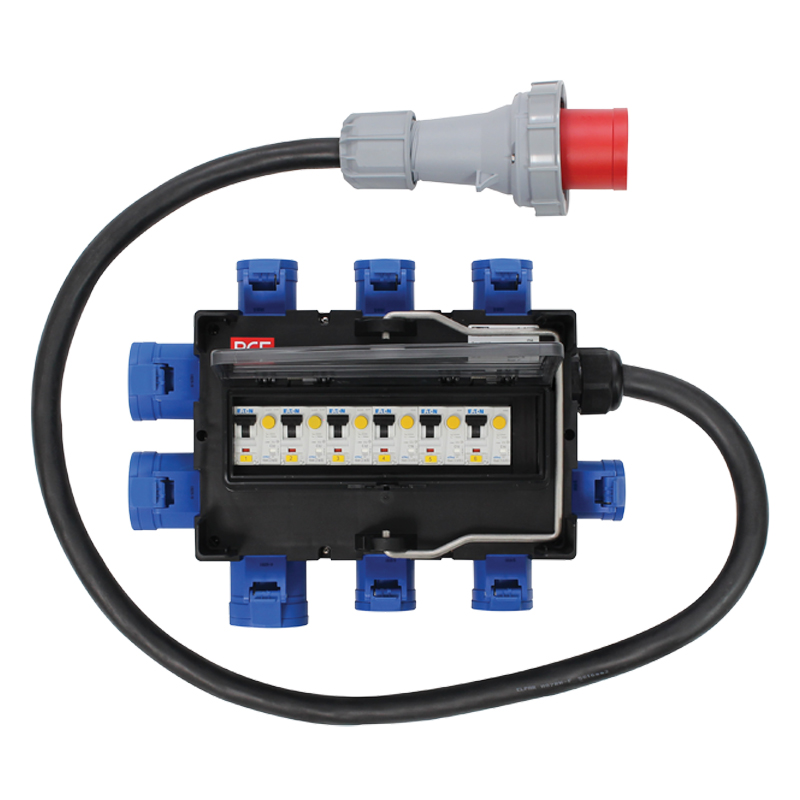 PCE ISCHL Distro 63A 3pH+N+E 400V to 3 x 32A  + 6 x 16A 1pH+N+E 230V  RCD + 9 x MCB's 9130026
