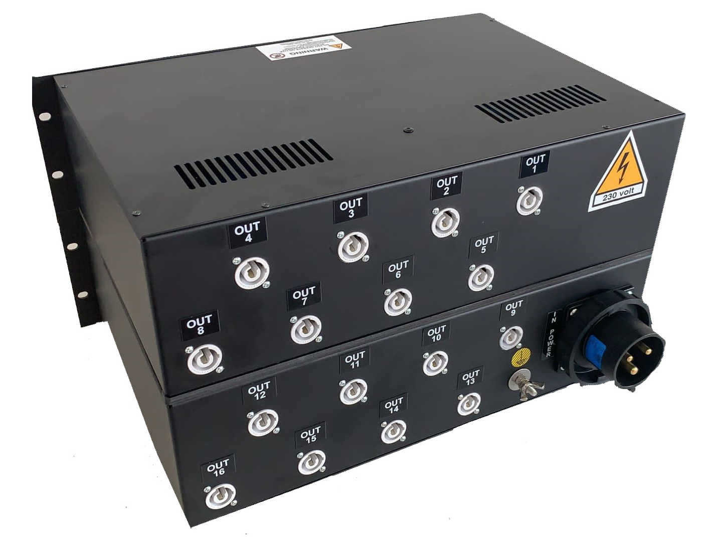 PowerBOX 63Amp 1pH+N+E 230V 19" Mountable Steel Box 5U 6 x  Neutrik PowerCON Grey MCB