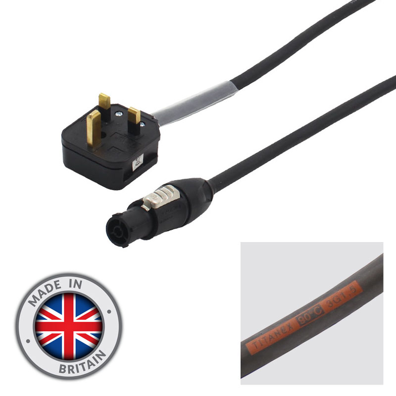 13A Permaplug Black Plug to PowerCON True1 NAC3FX-W-TOP with 1Metre H07RN-F 3G 1.5 mm².