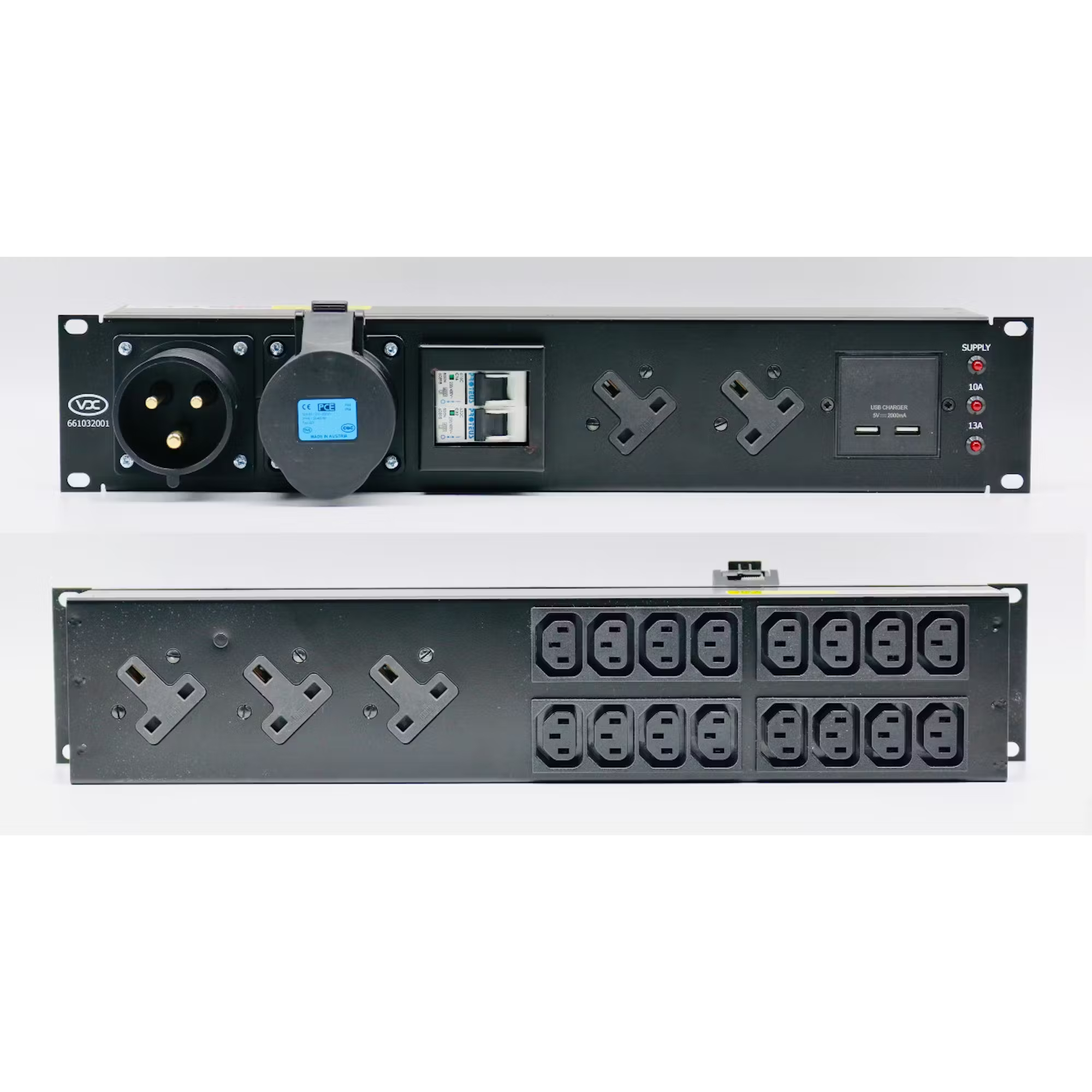 19-Inch Rack Mount 2U Mains Distribution Unit 32A 230V 1pH+N+E to 16 x 10A IEC