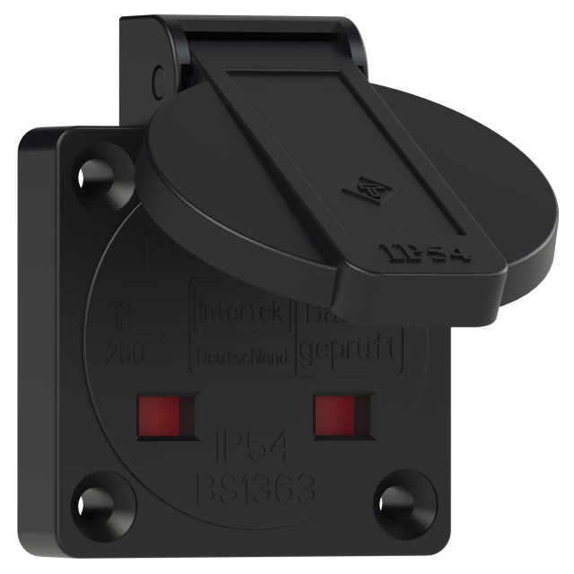 PCE 13A Black Socket Outlet (British Standard) 2P+E 230V IP54 1020-5s