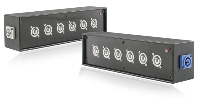 PowerBOX Rubber PowerCON Splitter to Blue Power-In 6 x PowerCON Grey Out