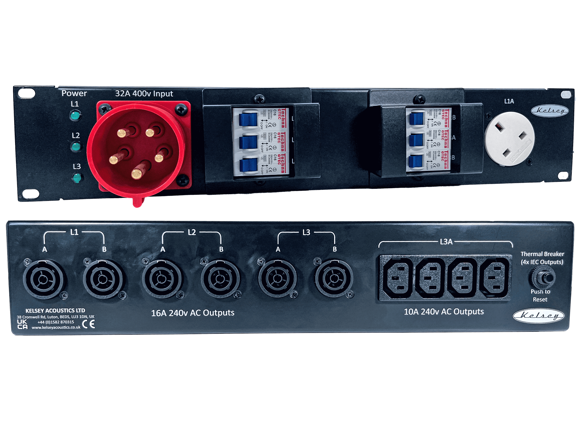 32A 3pH+N+E 400V 2U 19 Inch Rack Power Distro with 6 x PowerCON True 1 TOP NAC3FPX 1 x 13A on front