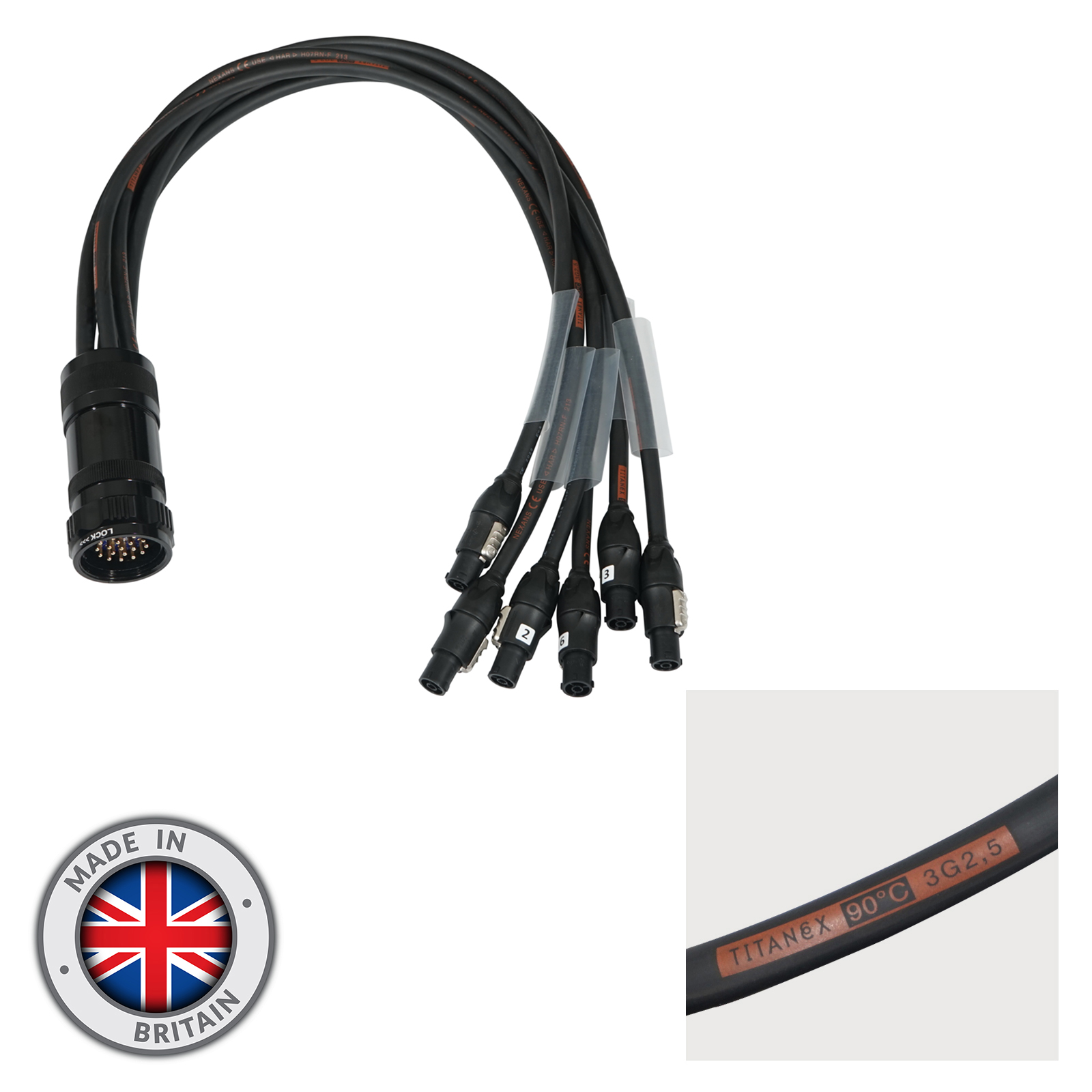 Showsafe Socapex Spider Splitter 19 Pin Male to 6 x Neutrik NAC3FX-W-TOP (Fan-Out).