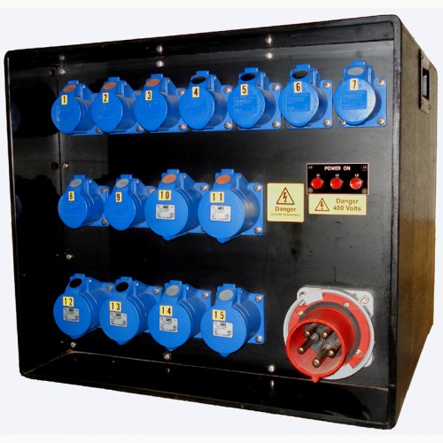 Event Power Distro Box 63A 3pH+N+E 400V 6 x 32 + 9 x 16A 1pH+N+E MCB + RCBO's