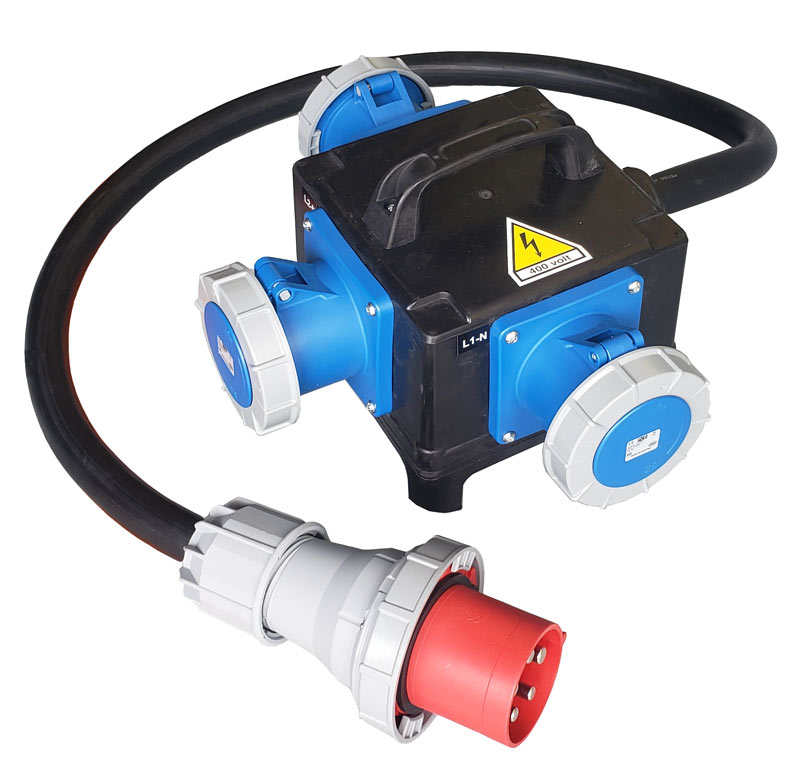 PowerBOX Rubber 63Amp 3pH+N+E 400V Turtle Box with 3 x 63A 1pH+N+E 230V Sockets + 3 x MCB's