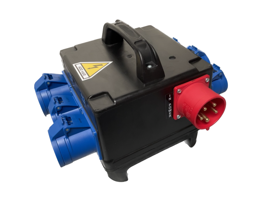 PowerBOX Rubber 32Amp 3pH+N+E 400V Turtle PCE Red/Blue to 3 x 32A 1pH+N+E + 3 x 16A 6 x RCBO's