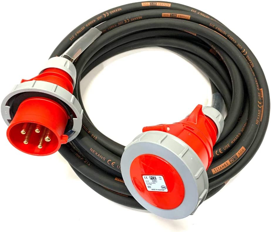 20 Metre H07RN-F 6mm² Rubber Cable with 32A 3P+N+E 400V Plug & Connector  IP67