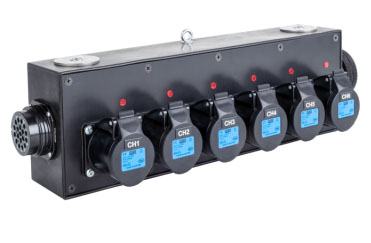 PowerBOX SOCAPEX BRICK with 6 x PCE Midnight Series 16Amp Panel Sockets (Loop Through) M10 fittings