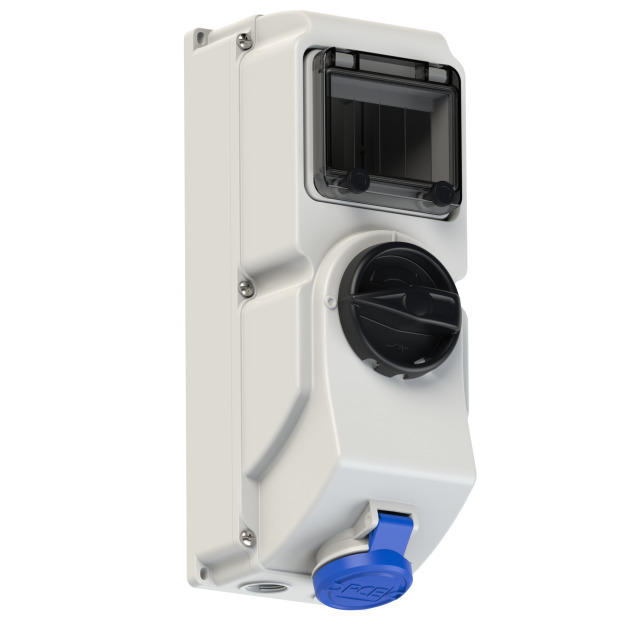 PCE Switched Interlocked Socket 16A 2P+E 230V IP44 30mA RCD 7613-6-RCD