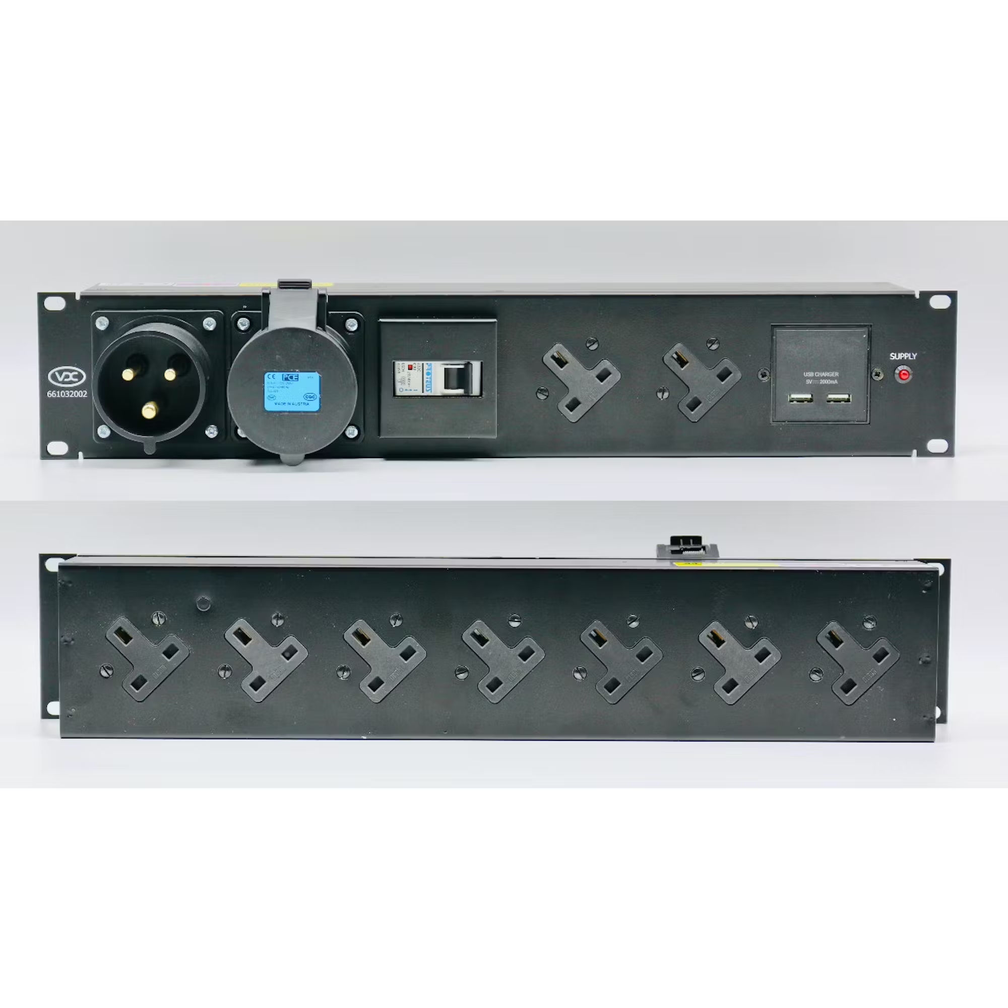 19-Inch Rack Mount 2U Mains Distribution Unit 32A 230V 1pH+N+E to 9 x 13A + USB