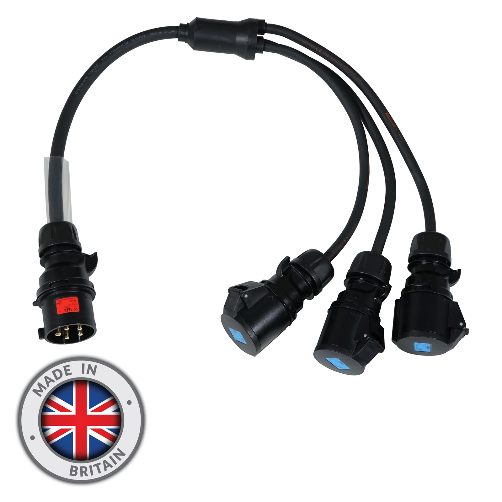 Y Splitter Rubber Cable 32A 3pH+N+E 415V Male to 3 x 32A 1PH 2P+E 230V Female 1 Metre