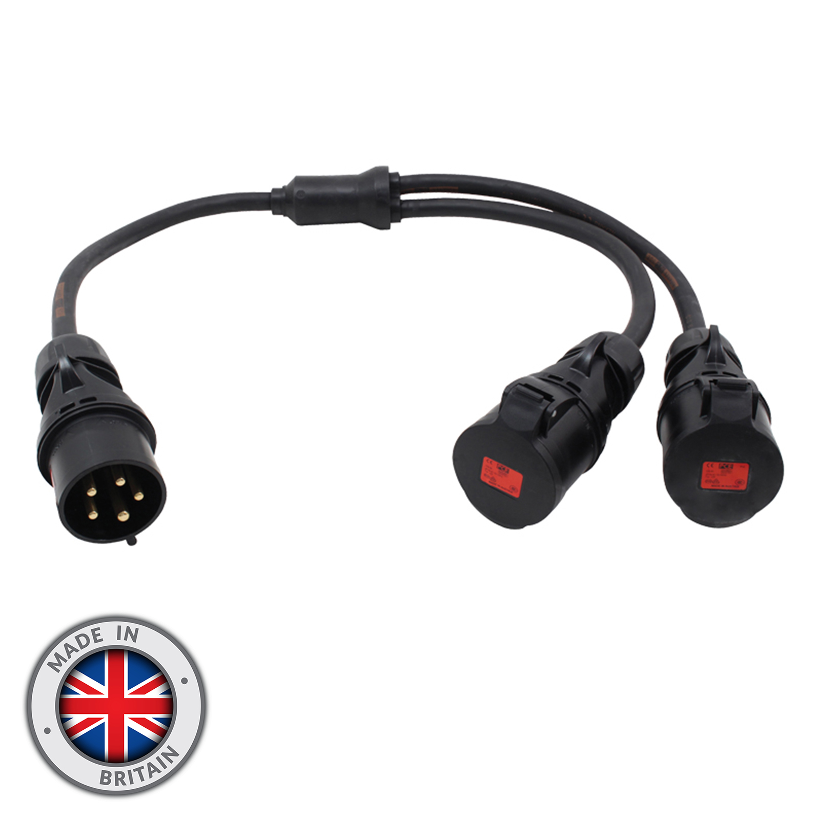 Y Splitter Rubber Cable 32A 3pH+N+E 415V Male to 2 x 32A 3pH+N+E 415V Female 1 Metre