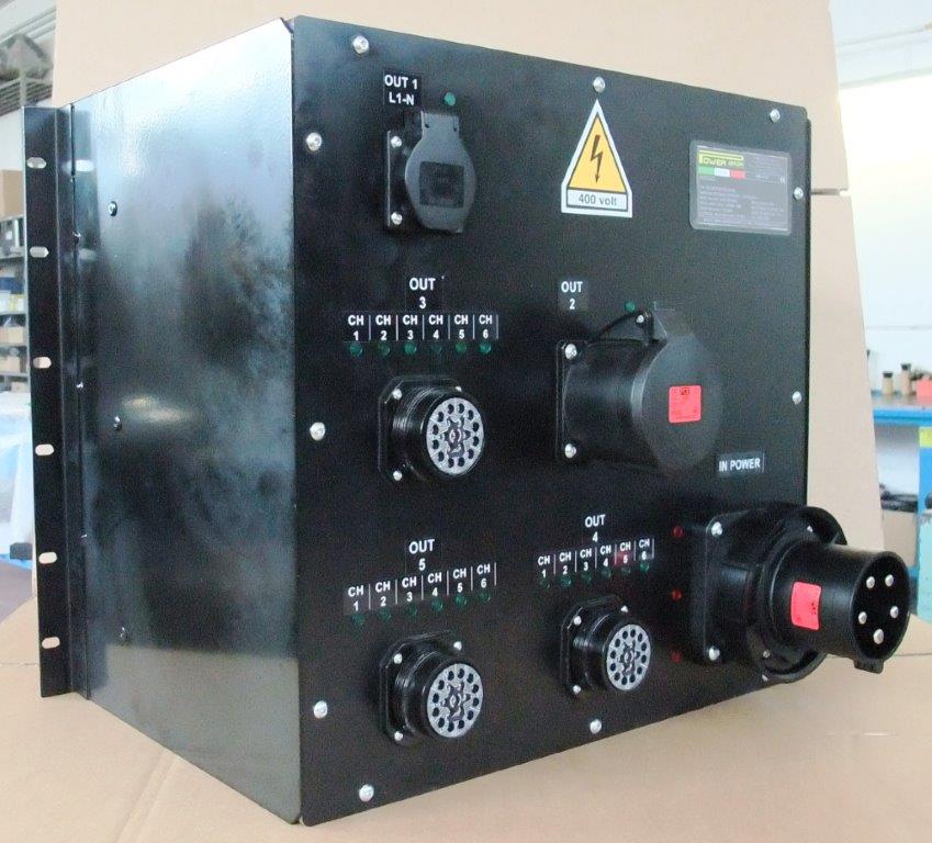PowerBOX 63Amp 3pH+N+E 400V 19" Mountable Steel Box 6U 4 x Socapex + PowerCON TRUE1