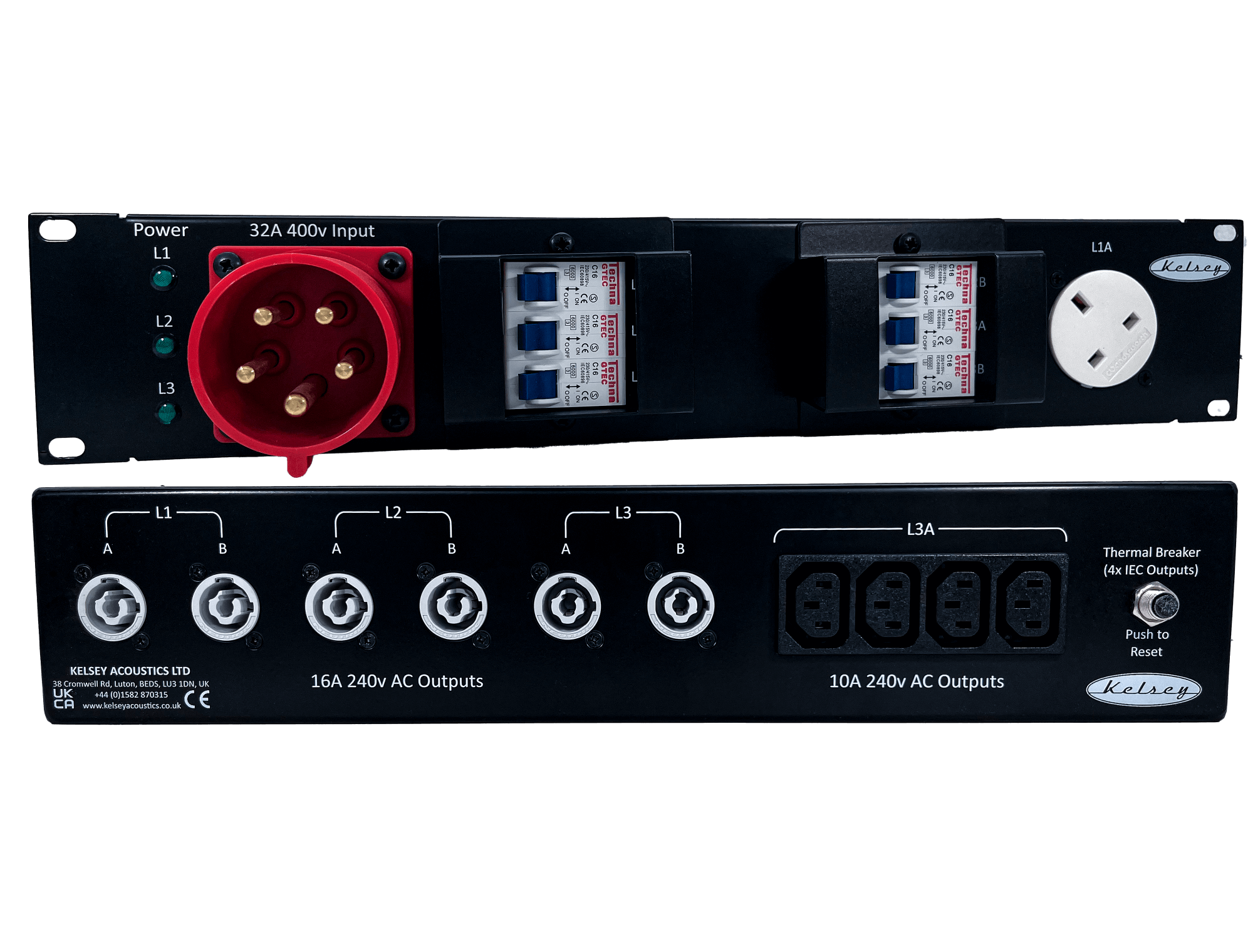 32A 3pH+N+E 400V 2U 19 Inch Rack Power Distro with 6 x PowerCON Grey NAC3MBP 1 x 13A on front