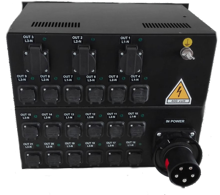 PowerBOX 32Amp 1pH+N+E 230V 19” Mountable Steel Box height 3U PowerCON True 1