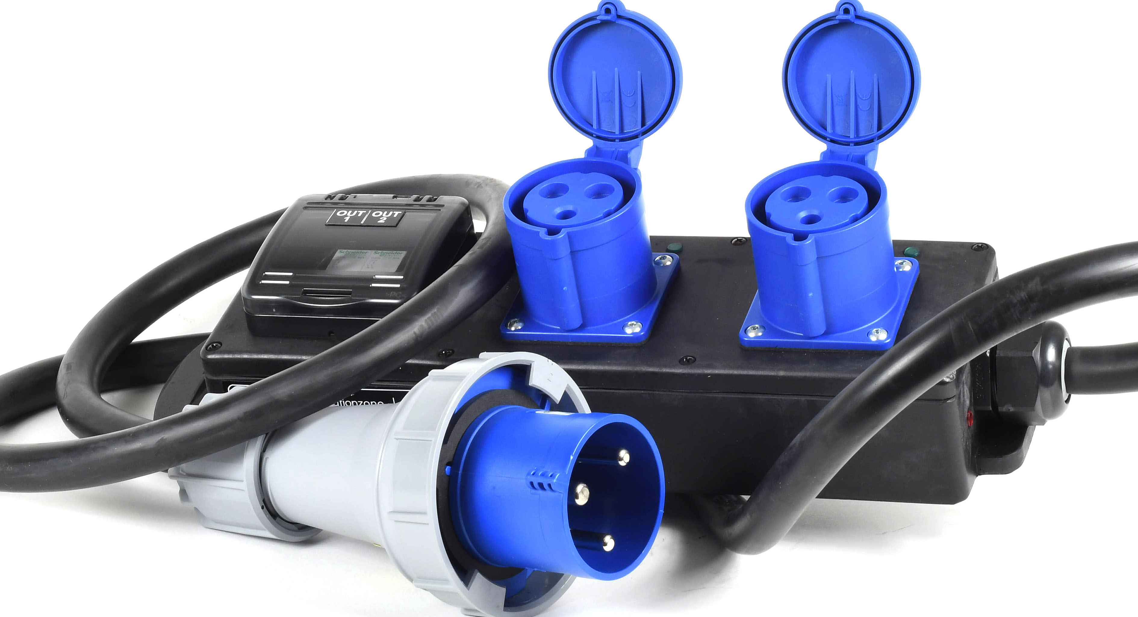 PowerBOX Rubber 63Amp 1pH+N+E 230V Turtle PCE Standard Blue to 3 x 32A 230V 3 x RCBO 's