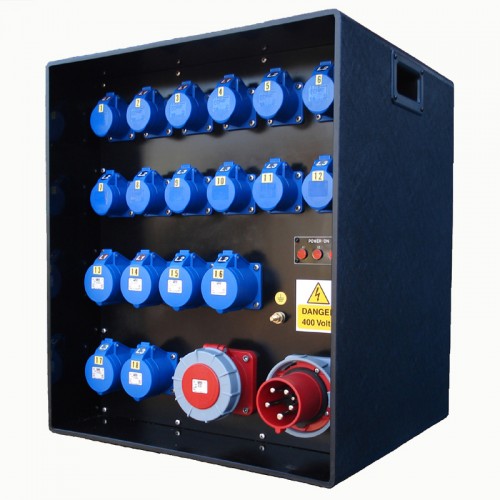 Event Power Distro Box 63A 3pH+N+E  400V 6 x 32 +12 x 16A 1pH+N+E MCB + RCBO's