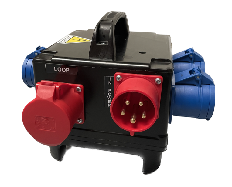 PowerBOX Rubber 32Amp 3pH+N+E 400V Turtle PCE Red/Blue to 3 x 32A 1pH+N+E 3 x RCBO's