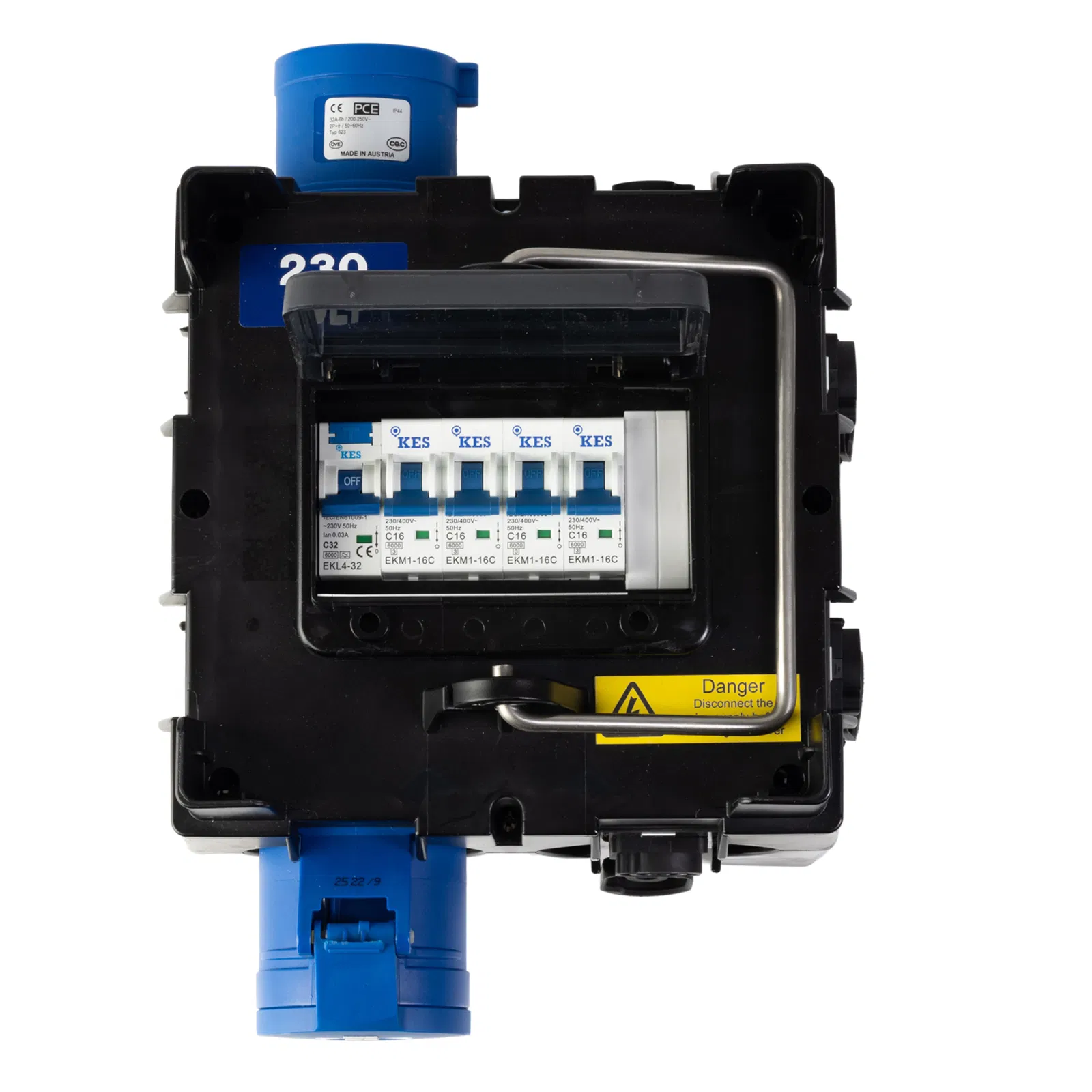 PCE IMST Distro Box 32A 1pH+N+E 230V In/Out to 4 x PowerCON True 1 RCBO + 4 x MCB's