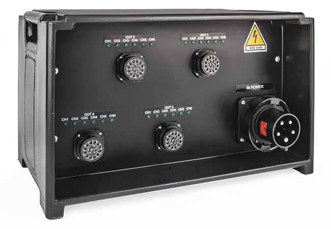 PowerBOX 63Amp 3pH+N+E 400V “CUBe4” 4 x Socapex 19Pin Panel Sockets RCBO