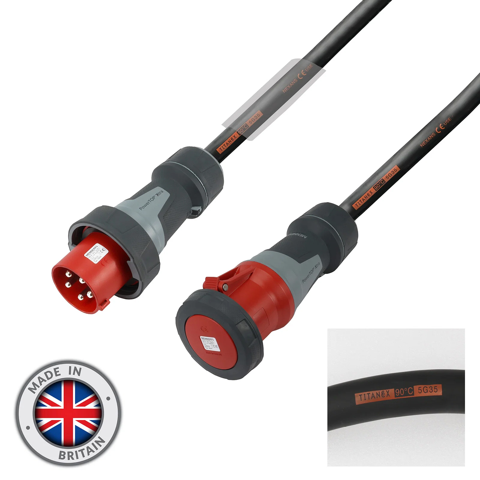 20 Metre H07RN-F 35mm² Rubber Cable with Mennekes 125A 3P+N+E 400V Plug & Connector IP67