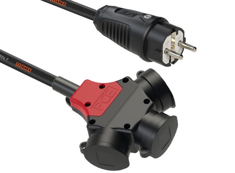 PCE 16A Schuko Plug with 2 Metre H07RN-F Cable 2.5mm² to PCE 3-Way Schuko Safety Socket IP54