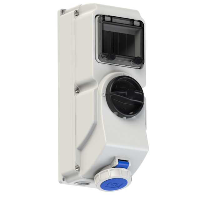 PCE Switched Interlocked Socket 16A 2P+E 230V  IP67 with 25A 30mA RCD 76132-6-RCD