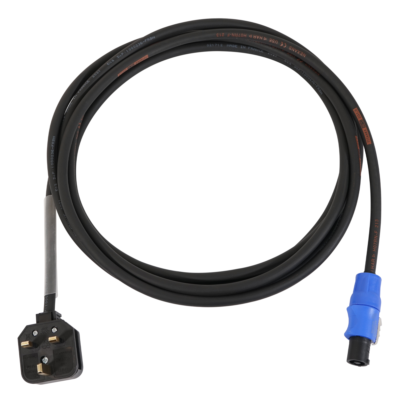13A Permaplug Black Plug to NAC3FCA PowerCON Blue with 1 Metre H07RN-F 3G 1.5 mm².